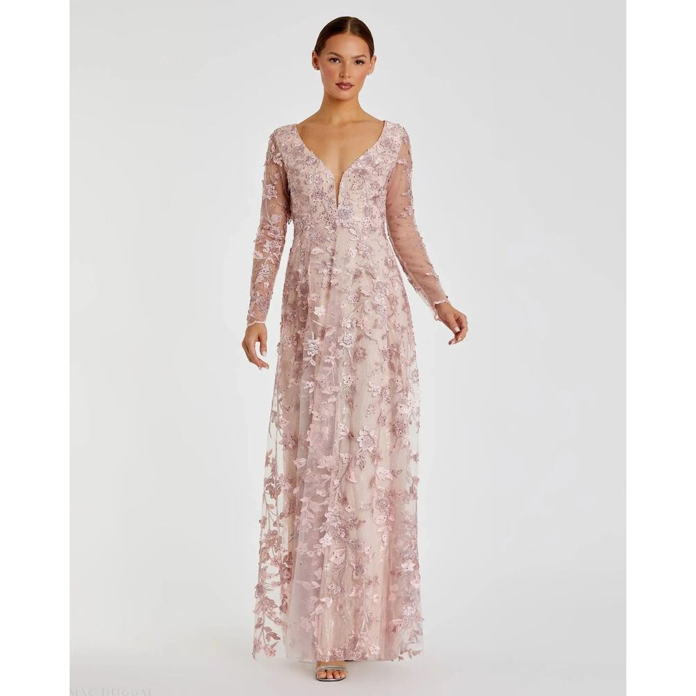 NWT Mac Duggal  SZ 8 Pink Floral Applique Long Sleeve Illusion Gown